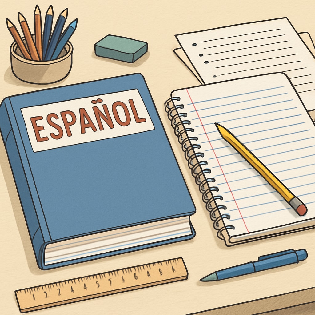 A Spanish language textbook and notebook placed on a desk with study materials. Spanish language learning materials for international students.