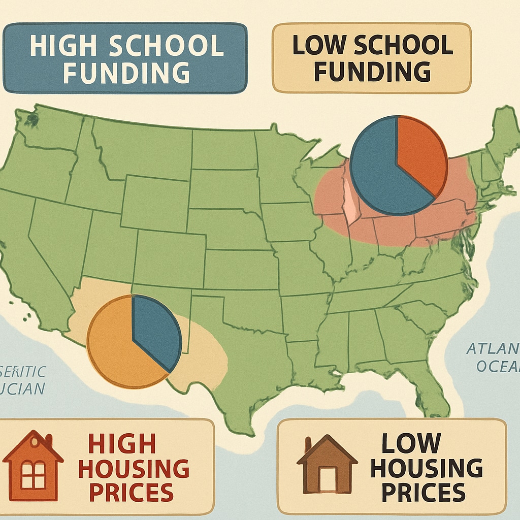 Map illustrating disparities in school district funding and housing prices in the U.S.