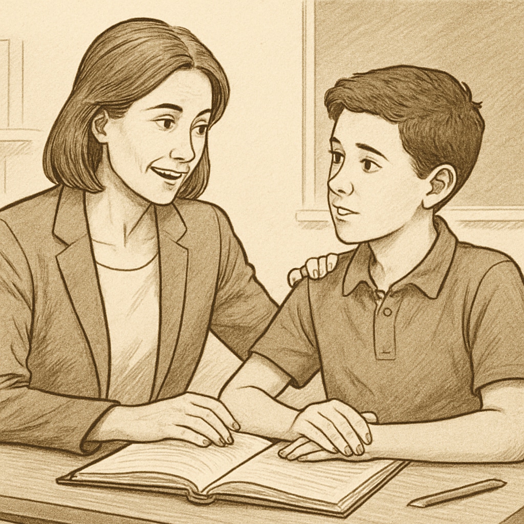 A teacher sitting with a student, engaging in a meaningful and empathetic conversation. Teacher listening to a student, showing the importance of genuine teacher-student dialogue.