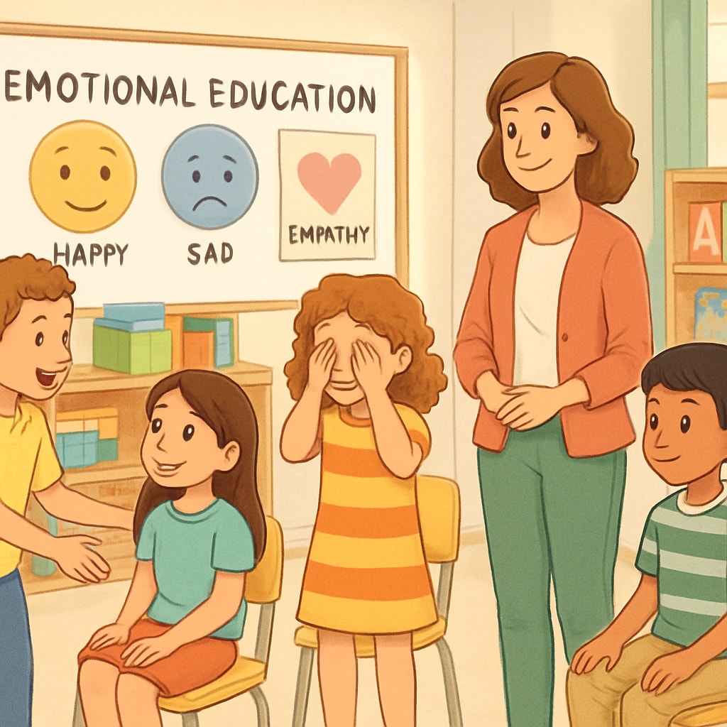 Children learning emotional education in a classroom setting, practicing empathy and communication.