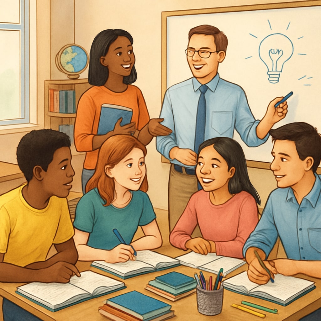 A group of students and a teacher in a classroom setting, collaborating and sharing ideas. Students and teacher engaging in a collaborative classroom discussion.