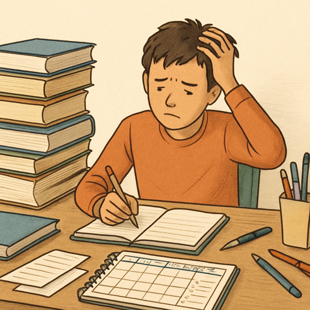 A student surrounded by books and a planner, symbolizing the challenge of managing academic backlogs. Student managing academic backlogs with books and a planner.