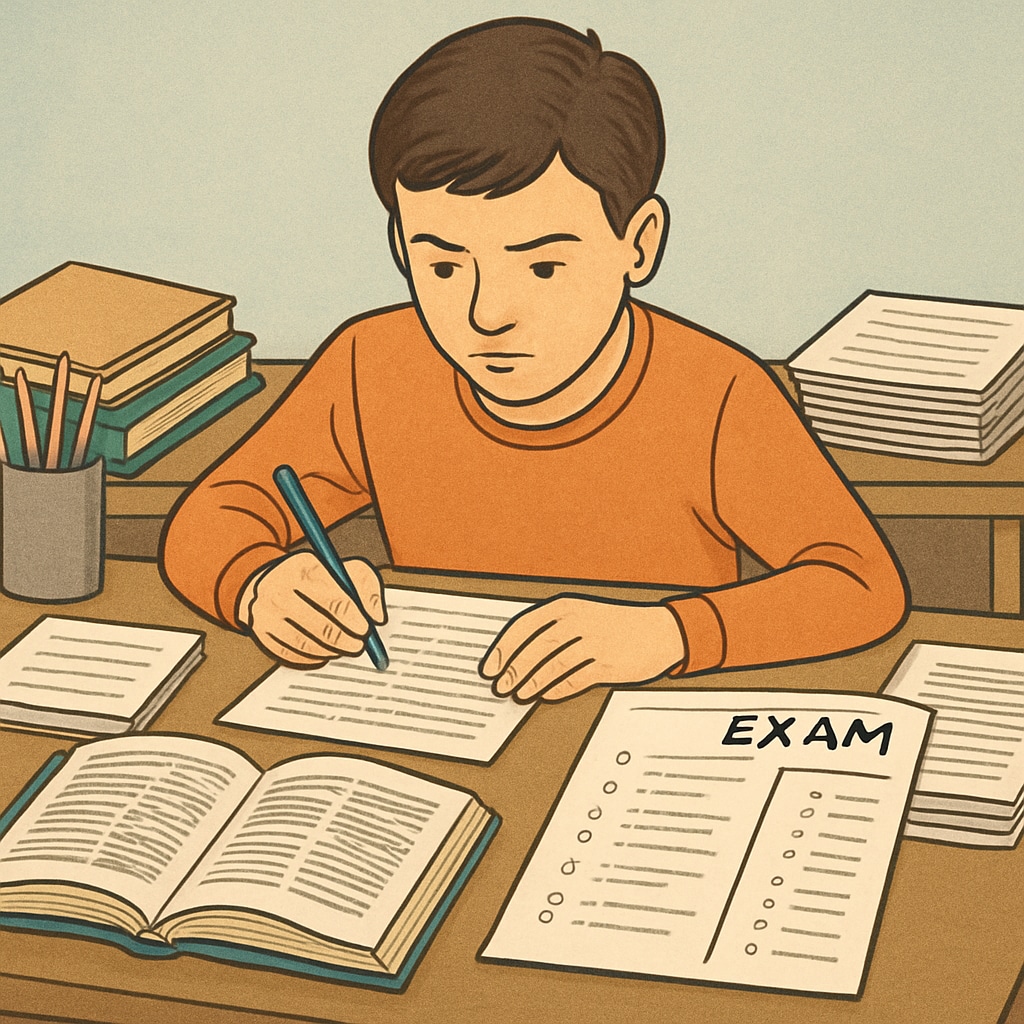 A student reviewing notes and past exam papers at a desk, emphasizing exam preparation. Student preparing for exams by reviewing notes and past papers.
