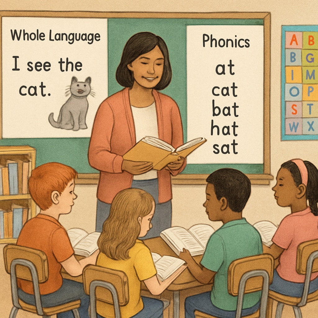 Teacher using Whole Language and Phonics methods in a classroom setting.