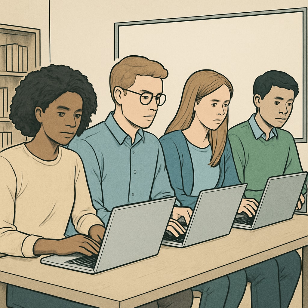 A group of students studying together on their laptops, representing online education and collaboration. Students collaborating on laptops for online education through Khan World School and ASU Online.