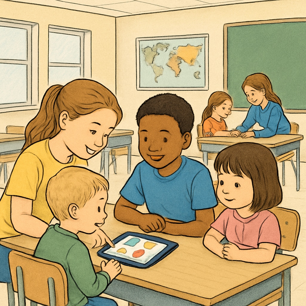 Fourth-grade students showing kindergartners how to use a simple educational app on a tablet in a bright classroom setting. Older students teaching younger students to use an educational app on a tablet, demonstrating computer skills.