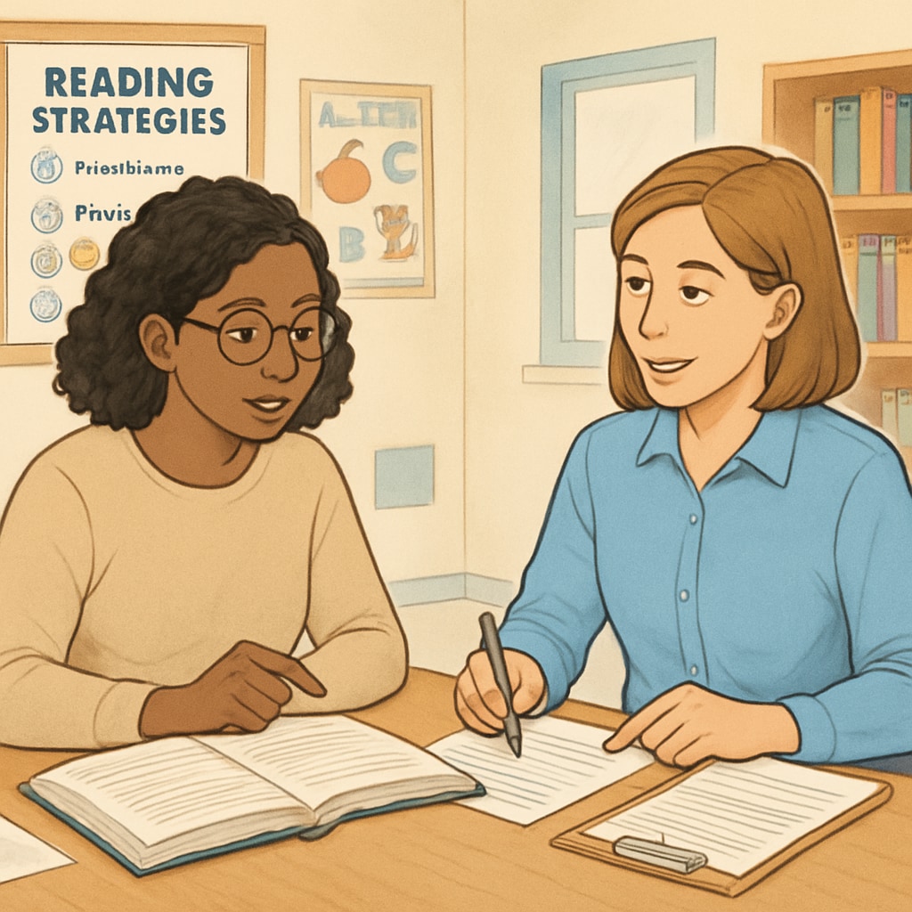 Parent and teacher discussing reading instruction methods during a conference.