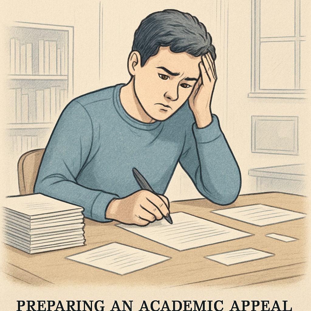 A student sitting at a desk with a stack of papers, looking stressed while preparing an academic appeal. A student preparing an academic appeal while looking stressed.