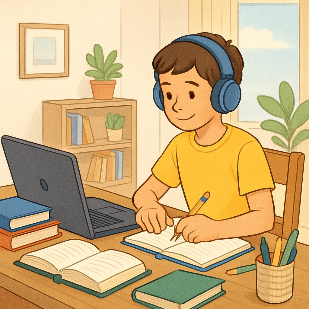 A student studying at home with a laptop, emphasizing the independent nature of online learning. A student independently studying online through the Khan World School and ASU Online program.