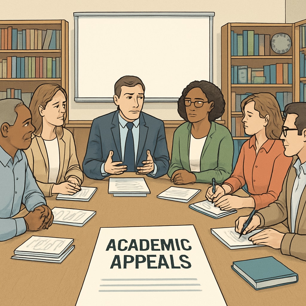 An institutional meeting room with teachers and administrators discussing academic appeals. Teachers and administrators discussing academic appeals in a meeting room.