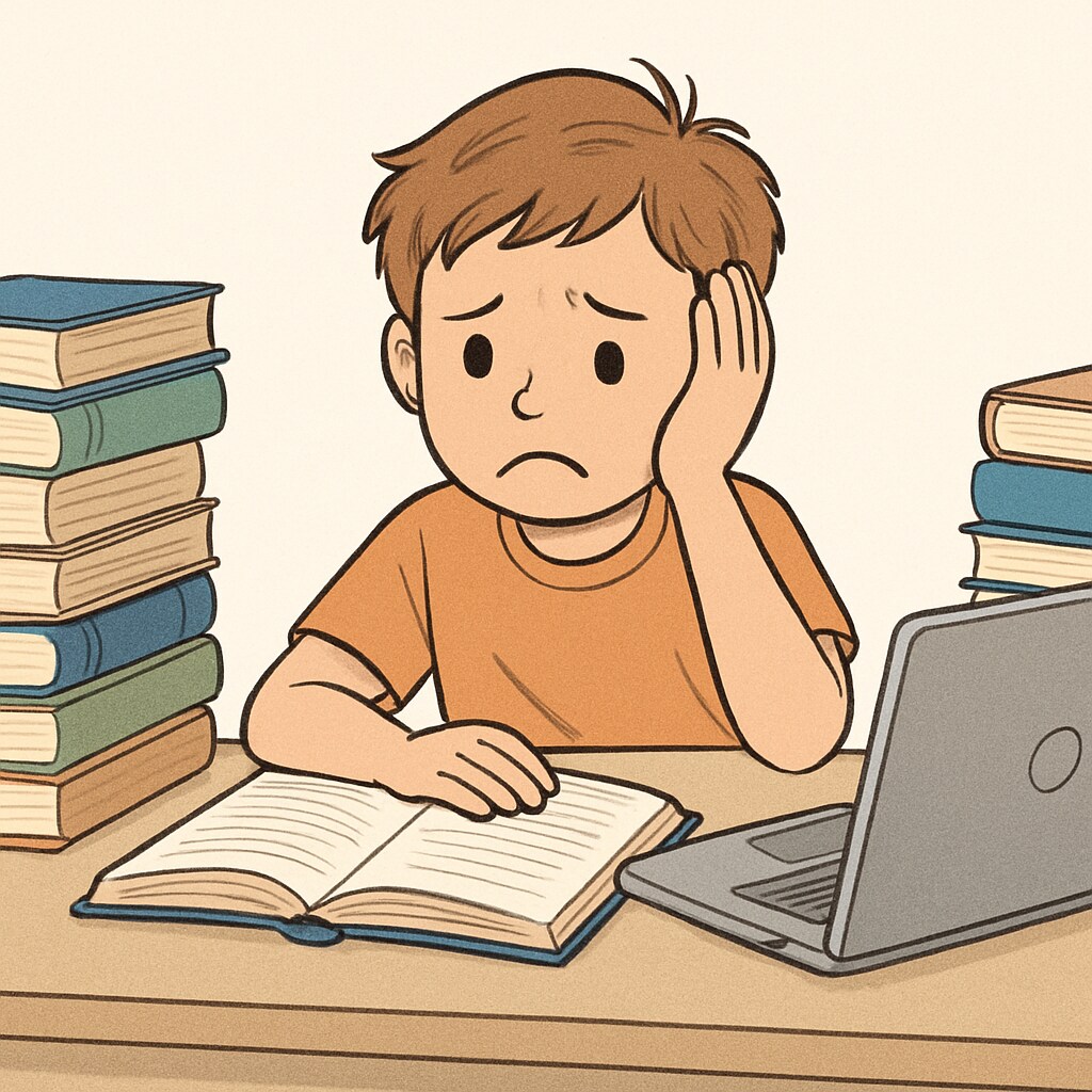 A young child sitting at a desk with books and a laptop, appearing overwhelmed by academic tasks. A young child overwhelmed by early academic tasks, highlighting college admissions pressure.