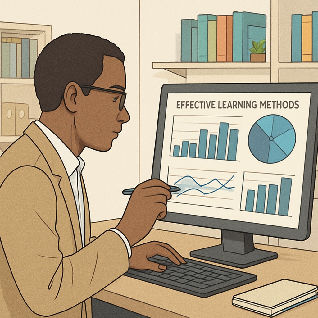 A researcher analyzing data on effective learning methods, with graphs and charts displayed on a computer screen. Researcher analyzing effective learning methods data.