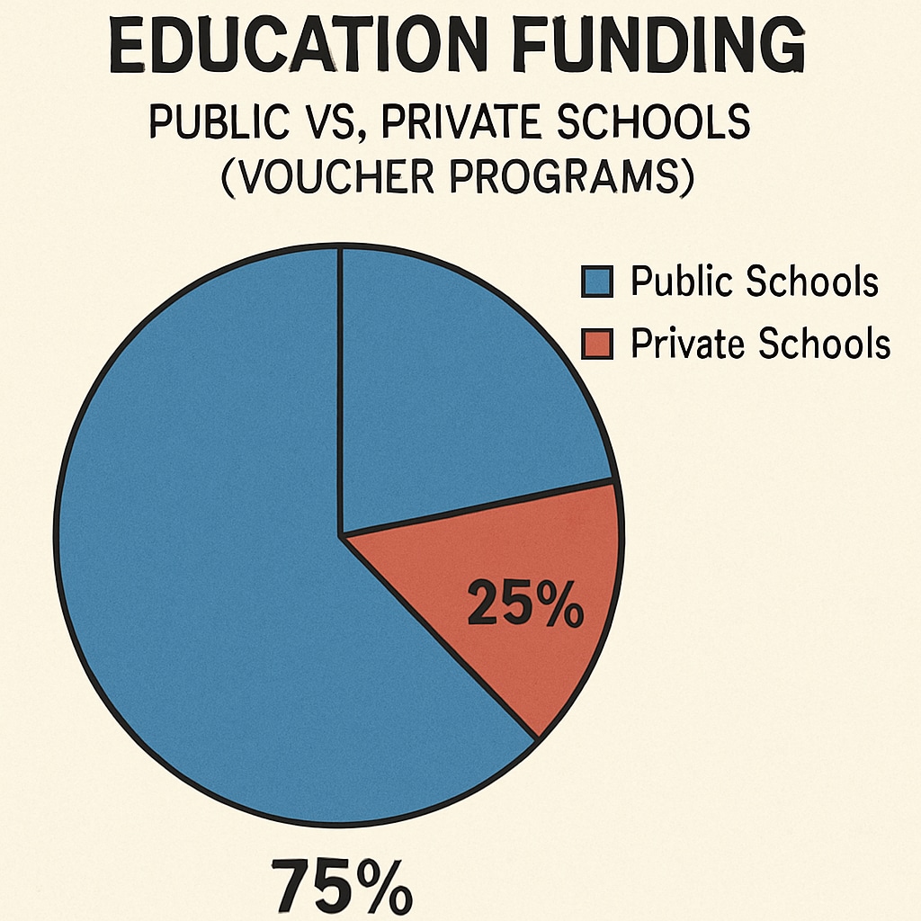 A pie chart showing the distribution of education funding between public and private schools under voucher programs. Funding distribution between public and private schools under voucher programs.