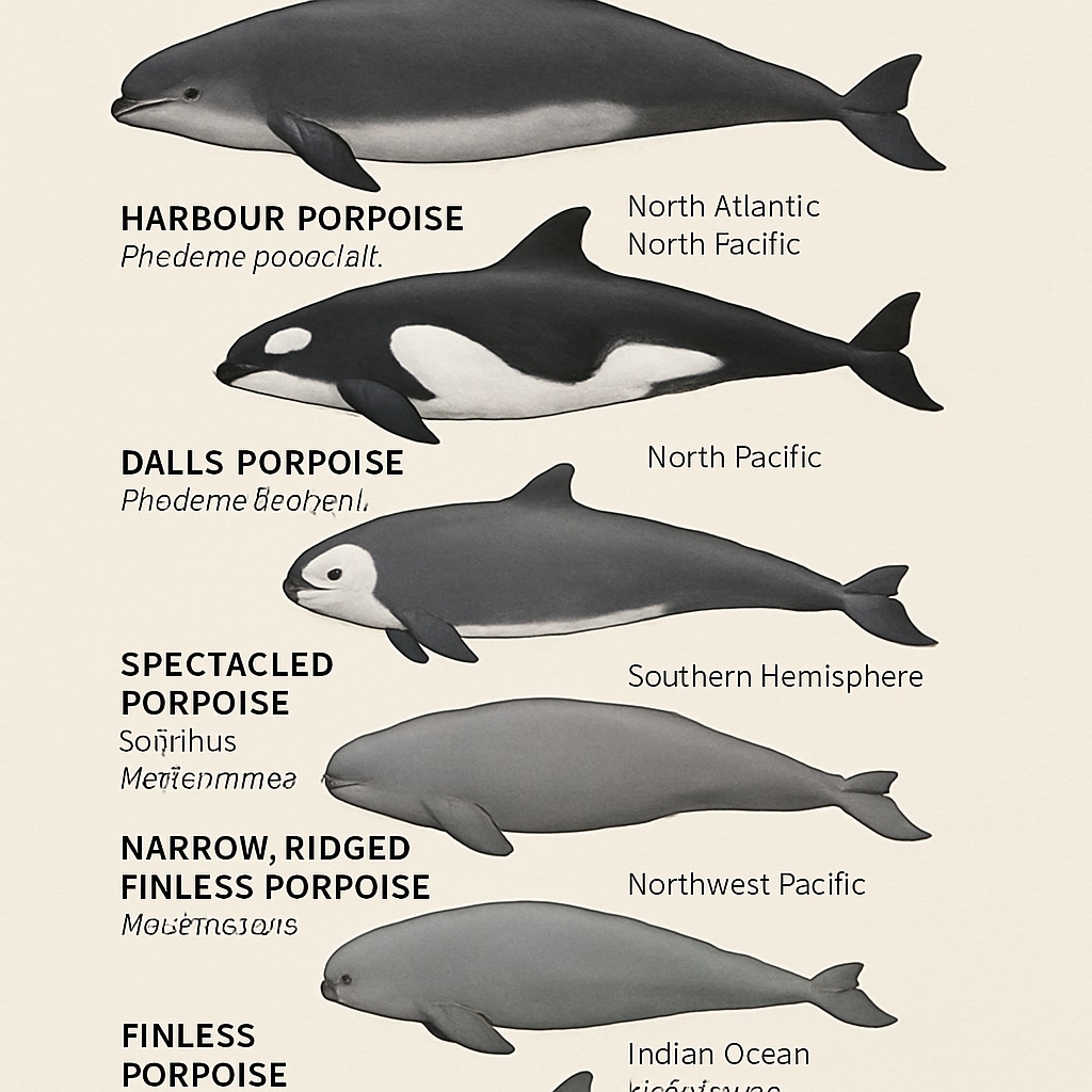 A diagram showcasing the six species of porpoises, including their habitats and physical features. Diagram highlighting porpoise species, habitats, and traits for classroom learning.