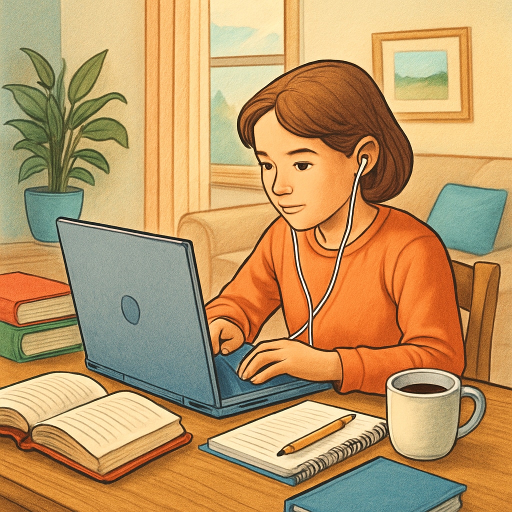 A student working on an online class from home, representing the flexibility and personalization of online public education. Student using an online learning platform at home, demonstrating personalized education.