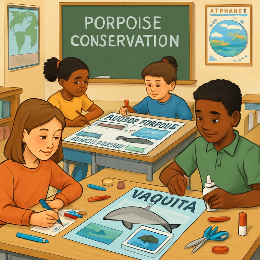 A classroom activity where students create posters on porpoise conservation, focusing on species like the vaquita and harbor porpoise. Students making posters about porpoise conservation and marine biodiversity.