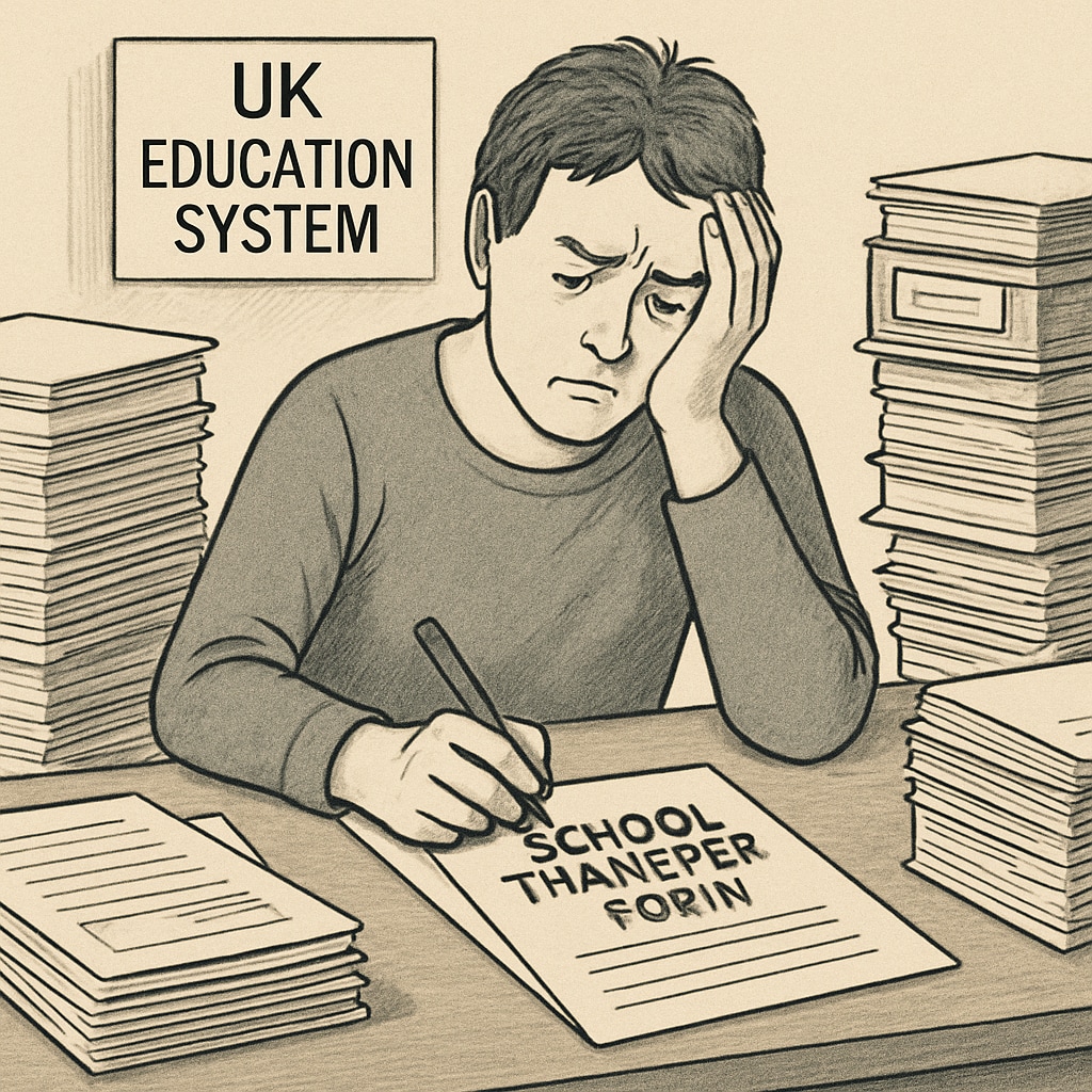 A frustrated parent filling out school transfer paperwork, representing the bureaucratic challenges in the UK education system. Parent struggling with school transfer paperwork for special needs student