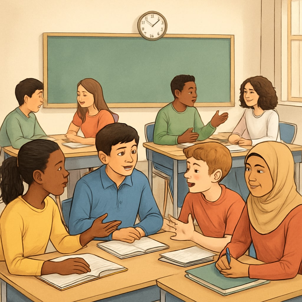 A classroom with diverse students participating in group discussions, highlighting inclusivity and open dialogue. Classroom setting with diverse students engaging in discussions; highlights inclusivity.