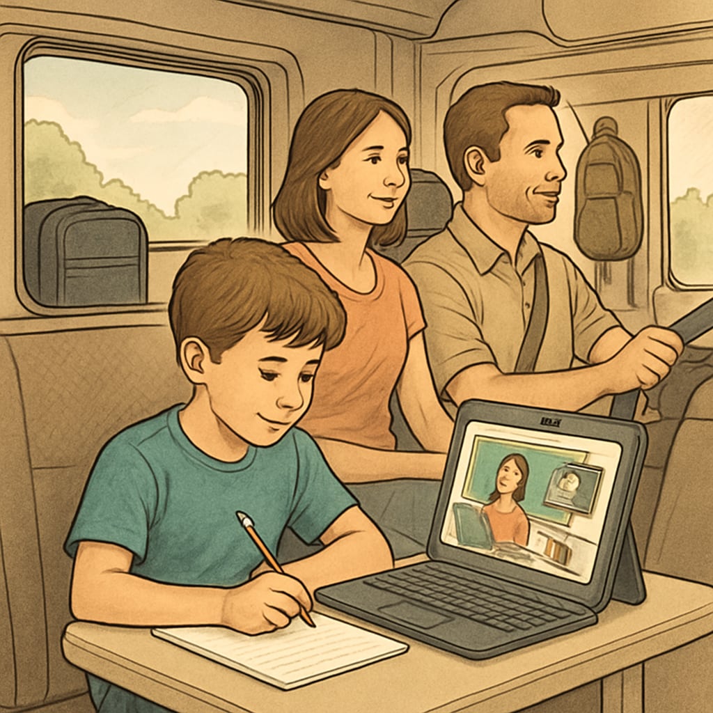 A family traveling together with a child completing online schoolwork, showcasing the adaptability of online public schools to fit diverse lifestyles. Family traveling while the child learns online, illustrating flexible education options.