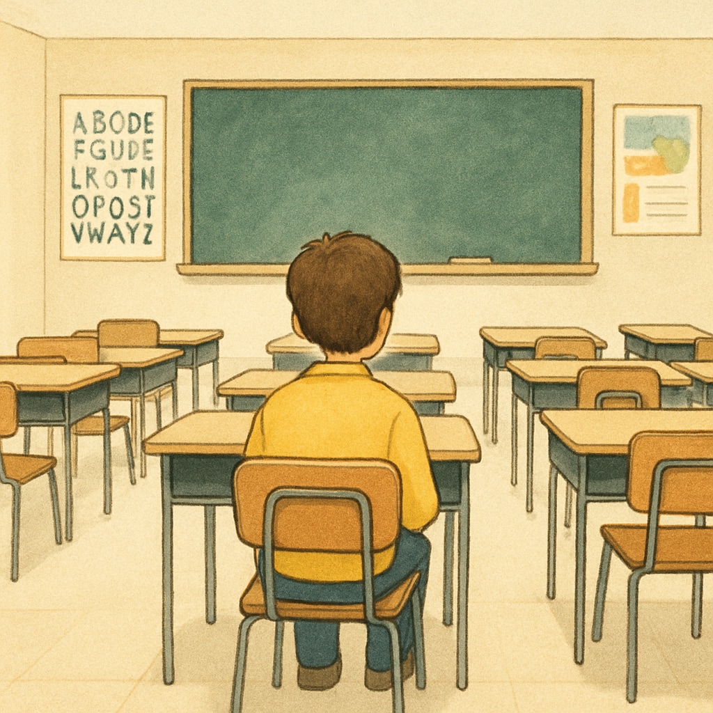 A solitary student sitting in an empty classroom, symbolizing the isolation faced by special needs students during school transitions. Isolated student in an empty classroom during school transfer process