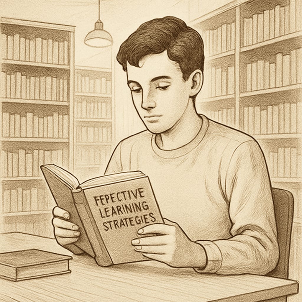A student reading a book about effective learning strategies in a quiet library. Effective learning strategies book for K12 students.