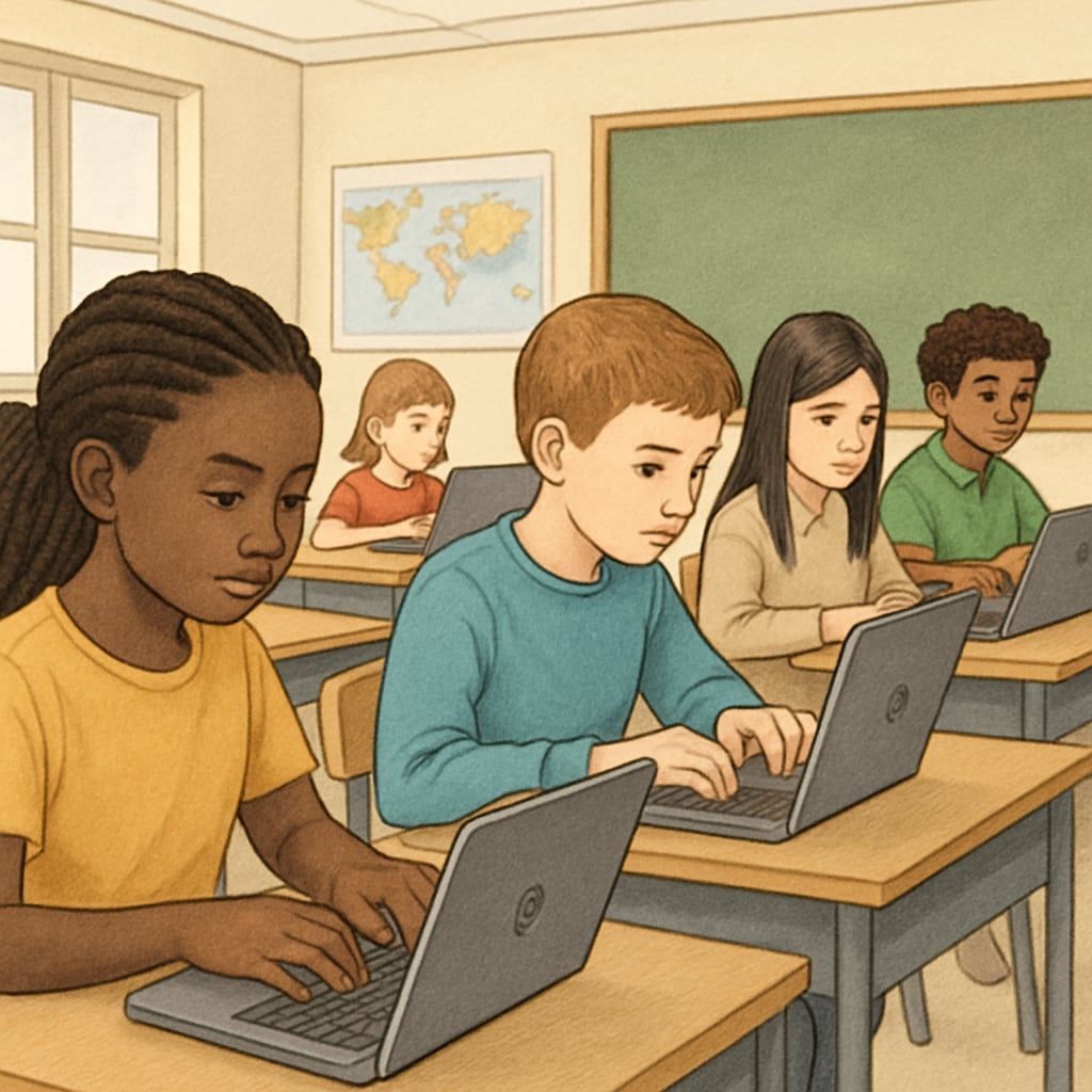 Students using Chromebooks in a classroom, representing education technology.