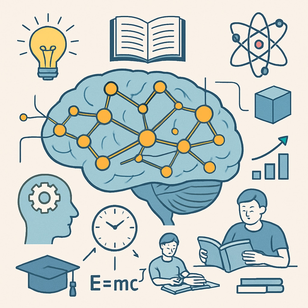 An illustration of brain activity and learning processes designed to represent scientific approaches to education. Brain activity and scientific learning methods for K12 students.