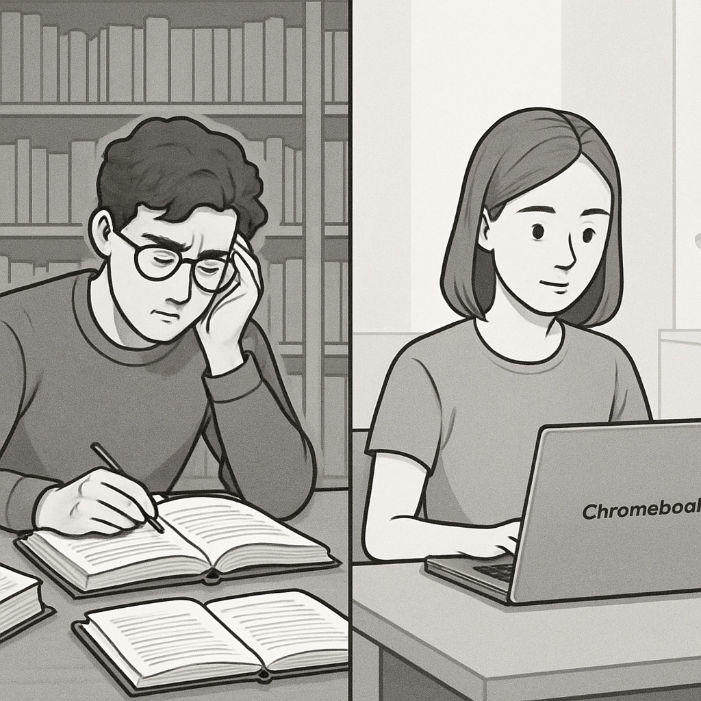 Comparison of a traditional library research setup versus a digital Chromebook-based classroom.