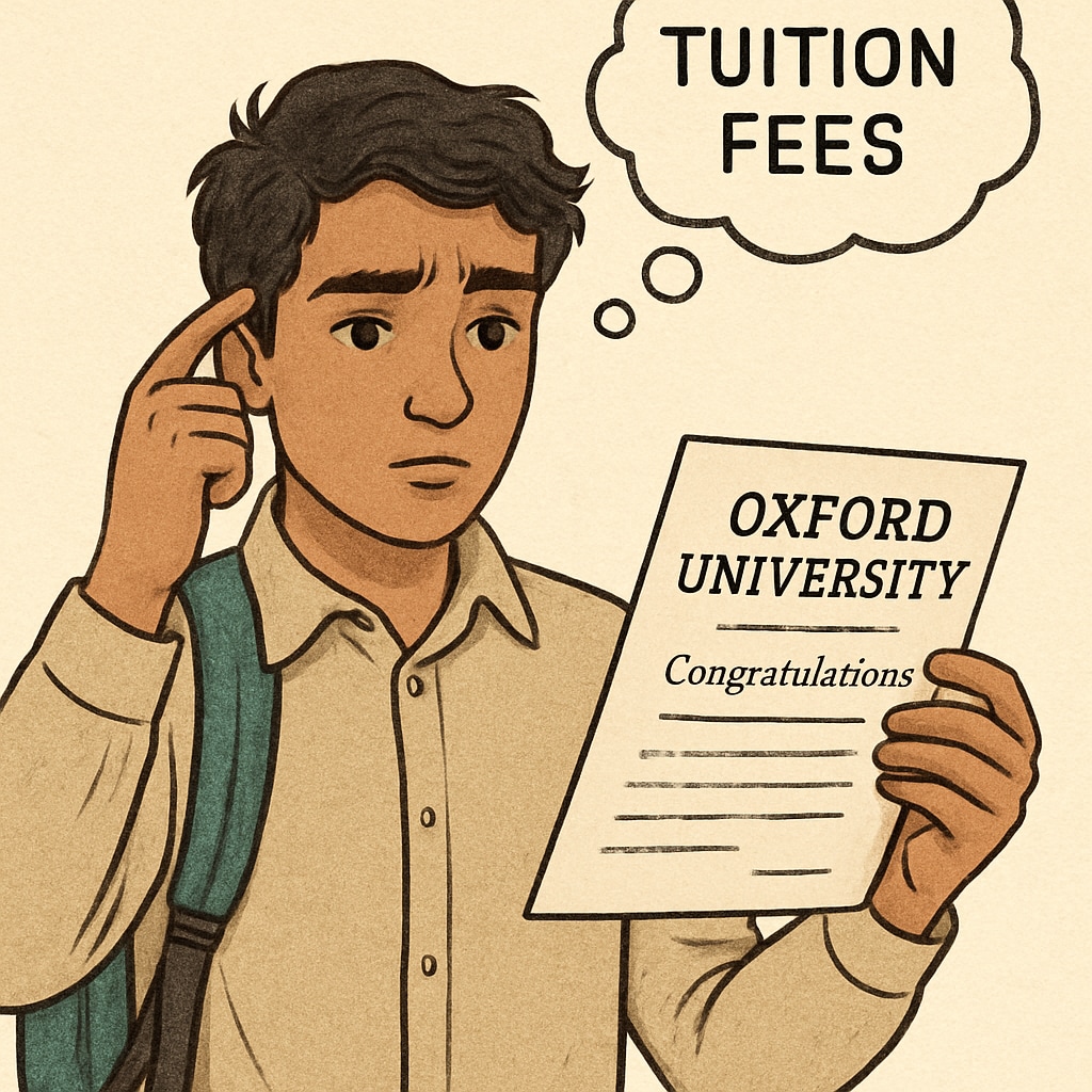 A young immigrant student holding an acceptance letter from Oxford University, looking concerned about tuition fees. Immigrant student with Oxford acceptance letter, worried about international tuition fees.