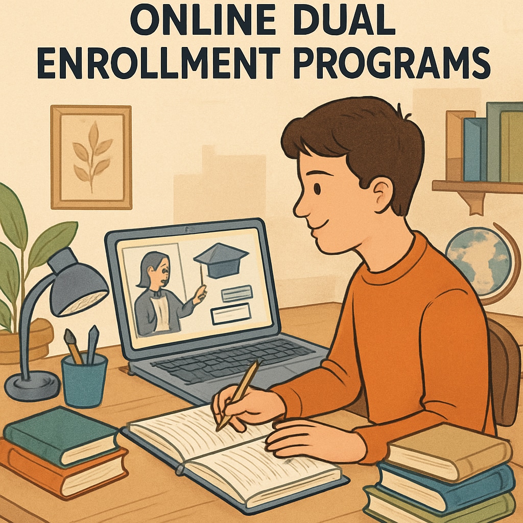 A student studying on a laptop at home, representing online dual enrollment programs. A homeschooler using a laptop for the Khan World School dual enrollment program.