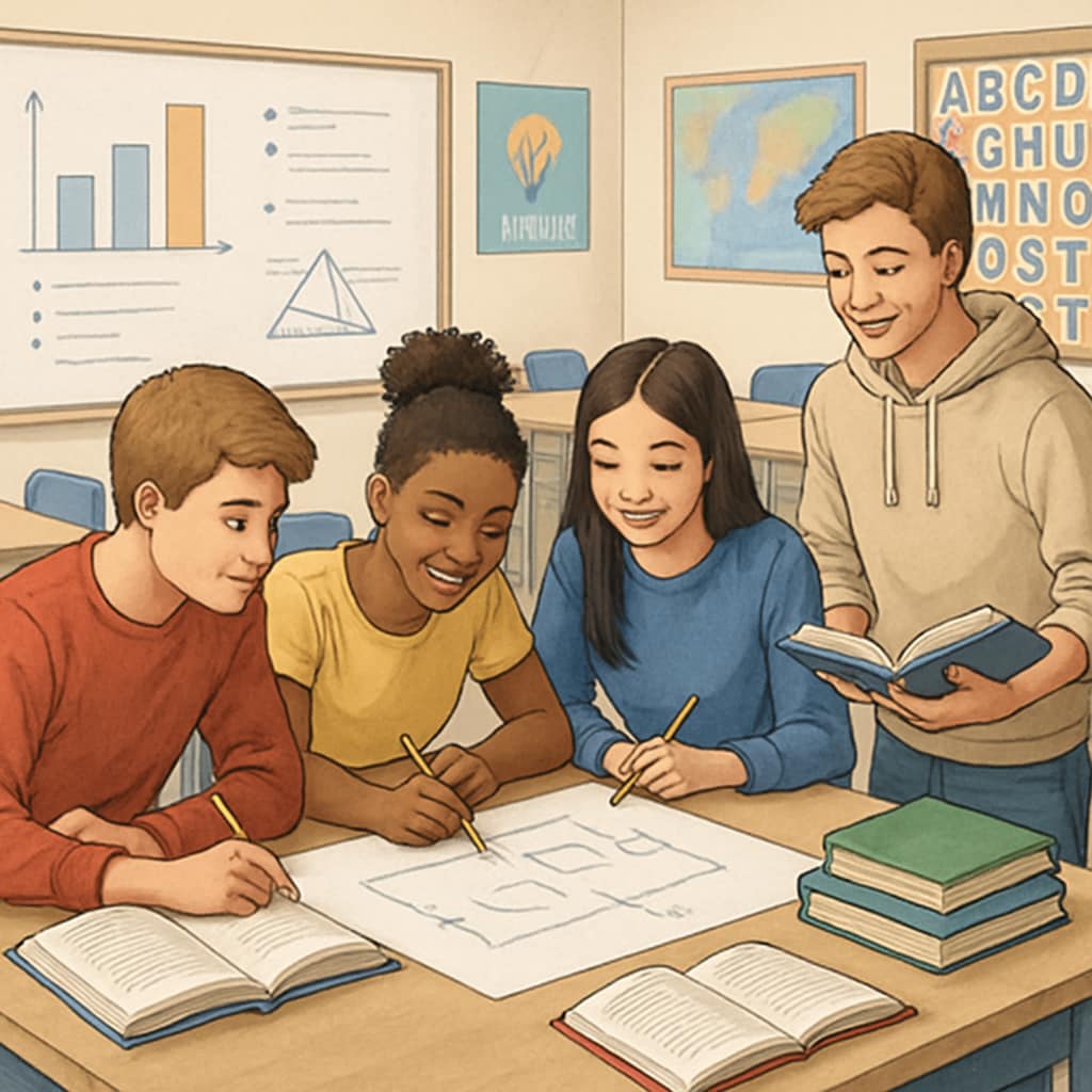 A high school classroom with students engaged in a group project, representing the role of early education in preparing for U.S. graduate studies. High school students working on a project, highlighting early education's importance for U.S. graduate studies.
