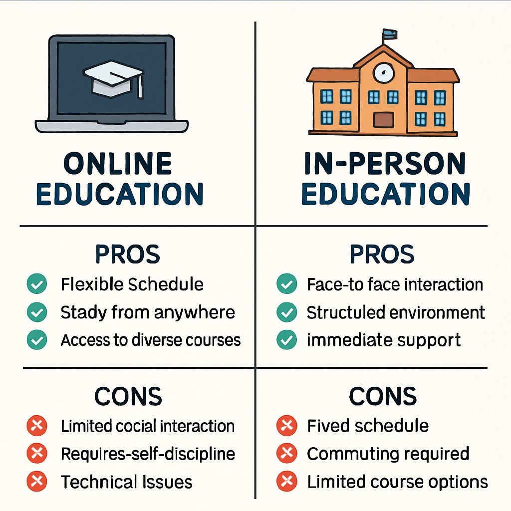 A comparison chart showing the pros and cons of online vs. in-person education. A chart comparing online and traditional education for dual enrollment students.