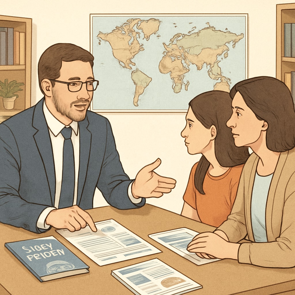 A professional education consultant discussing options with a student and parent, symbolizing the importance of personalized guidance for study abroad planning. Education consultant advising a student and parent, emphasizing the value of consulting for study abroad.