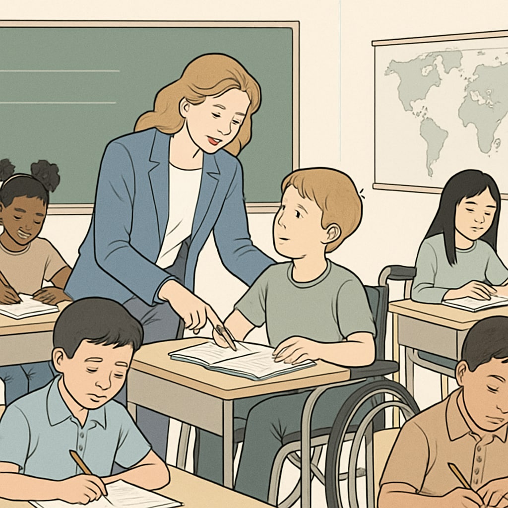 A classroom with students receiving individualized attention from a teacher, emphasizing the importance of recognizing diverse abilities in education. Classroom scene showing diverse students receiving personalized attention from a teacher, related to gifted education challenges.