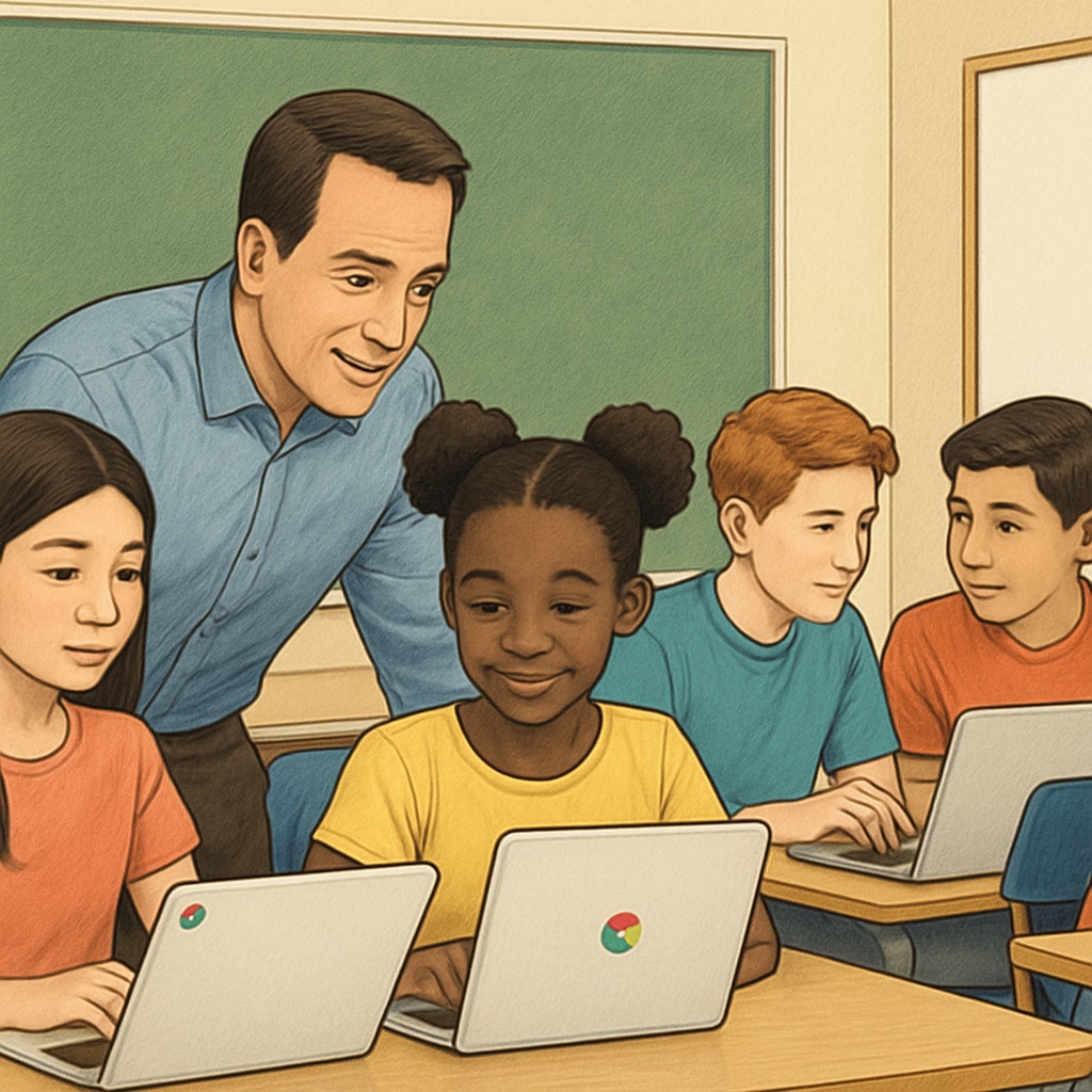 A teacher guiding students in a classroom using Chromebooks, highlighting both collaboration and technology integration Students using Chromebooks in classroom with teacher guidance