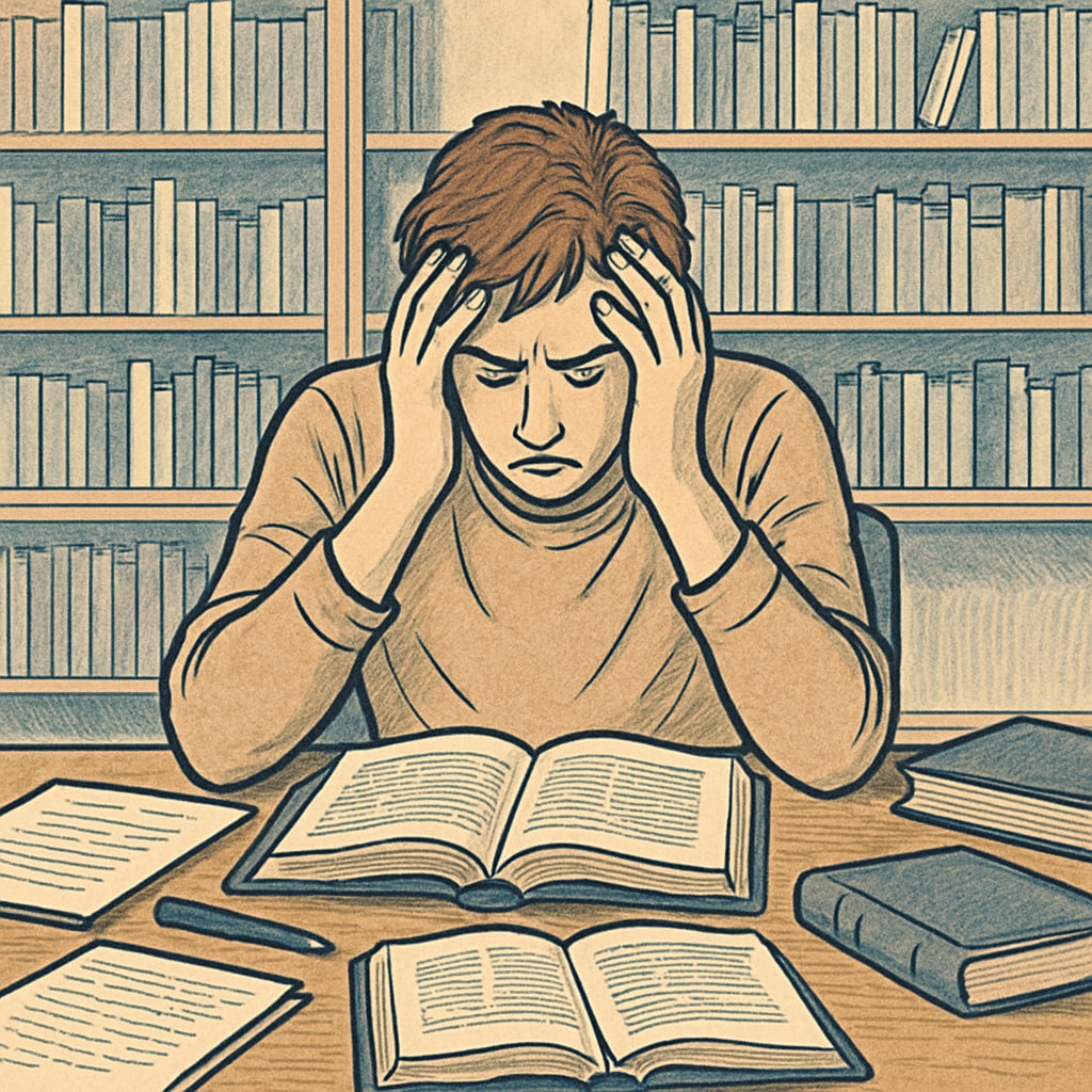 A stressed student studying in a library, symbolizing the mental strain caused by high expectations in gifted education. Stressed student studying in a library, highlighting the psychological pressure of gifted labels.