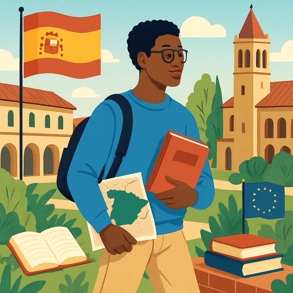 An international student exploring a Spanish university campus, symbolizing cultural adaptation and academic pursuit. International student at a Spanish university campus, representing study abroad and cultural adaptation.