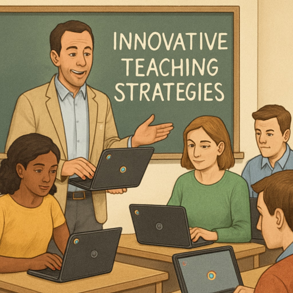An educator conducting a workshop with Chromebooks, demonstrating innovative teaching strategies Teacher leading a professional development session with Chromebooks