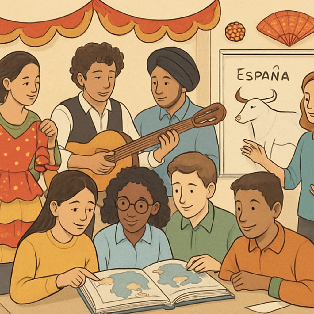 A group of international students engaging in a cultural event in Spain, showcasing the importance of cultural exchange in education. International students participating in a cultural event in Spain, reflecting study and cultural adaptation.