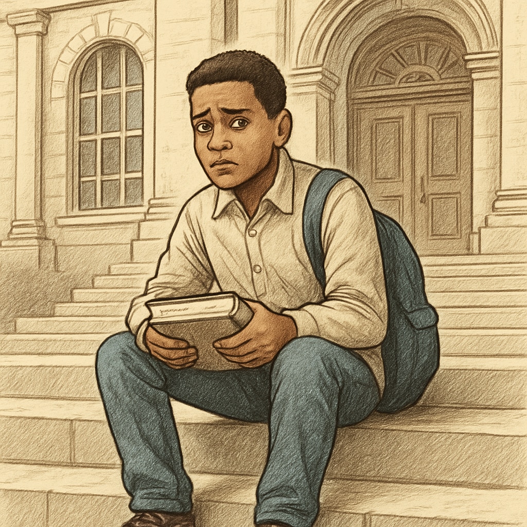 A young student sitting on the steps of a historic university building, looking concerned, symbolizing the financial struggles faced by immigrant students. A concerned student sitting on university steps, representing immigrant fee struggles.