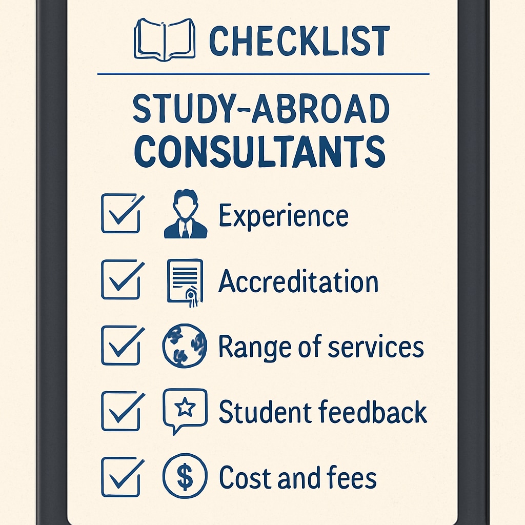 A digital checklist for evaluating study-abroad consultants displayed on a tablet screen. Checklist for assessing study-abroad consultants for U.S. master's programs.