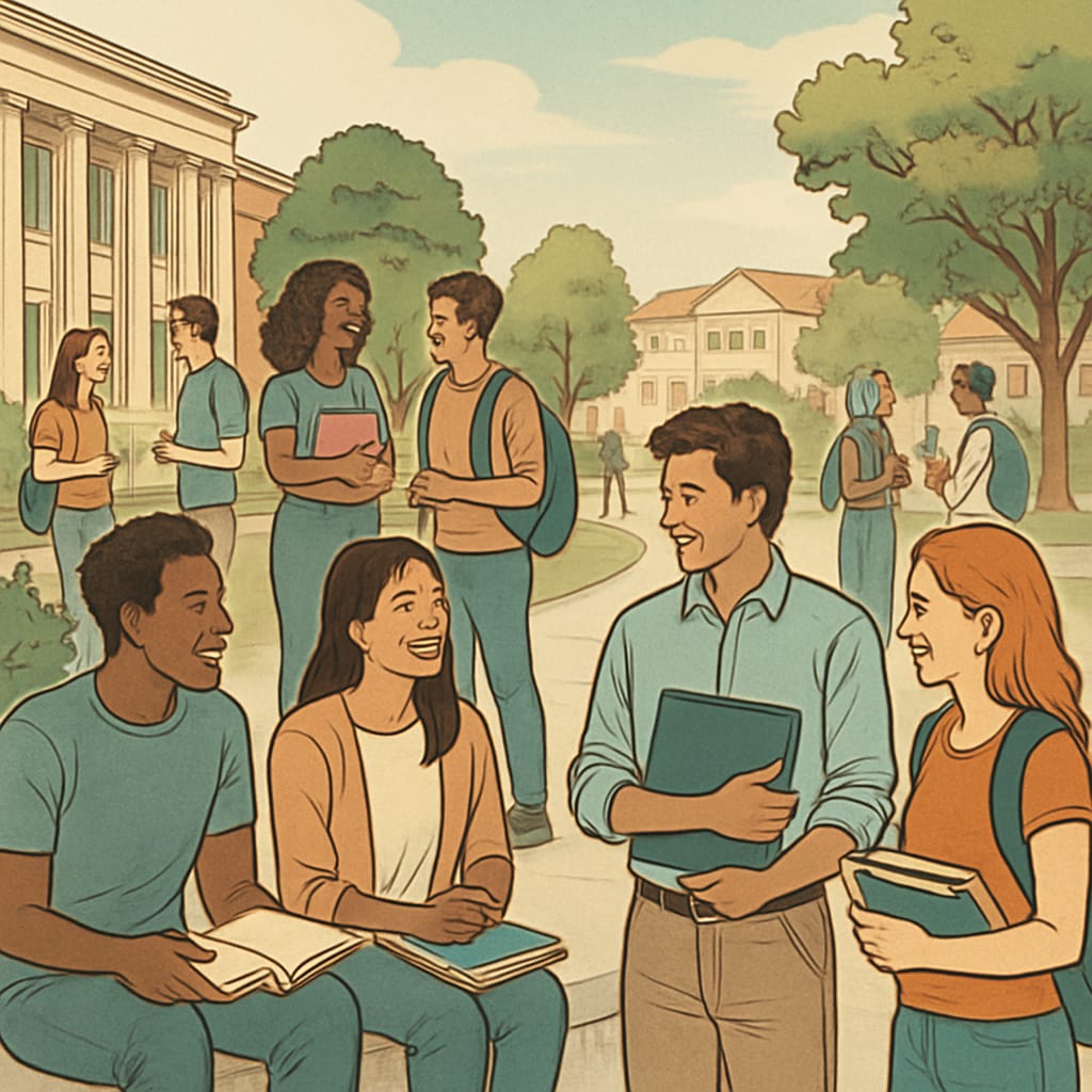 A diverse group of students on a university campus, engaging in lively discussions, representing inclusivity and diversity in education. Diverse students discussing on campus, symbolizing inclusivity in education.