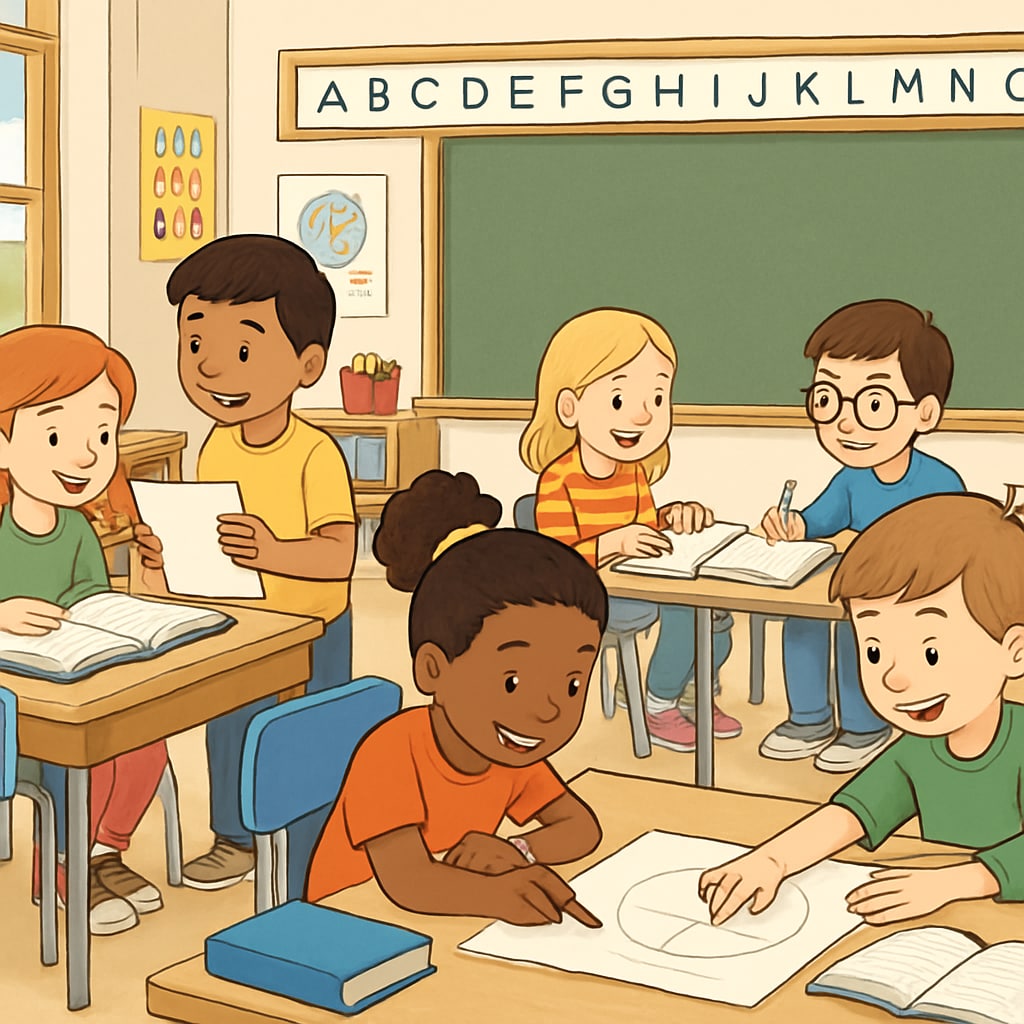 A bright and welcoming elementary school classroom with children actively engaging in group activities. Public elementary school classroom emphasizing quality education and student engagement.