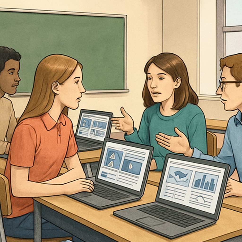 A classroom scenario showing students analyzing digital media content on laptops and discussing findings with peers. Students analyzing media content as part of a media literacy lesson.
