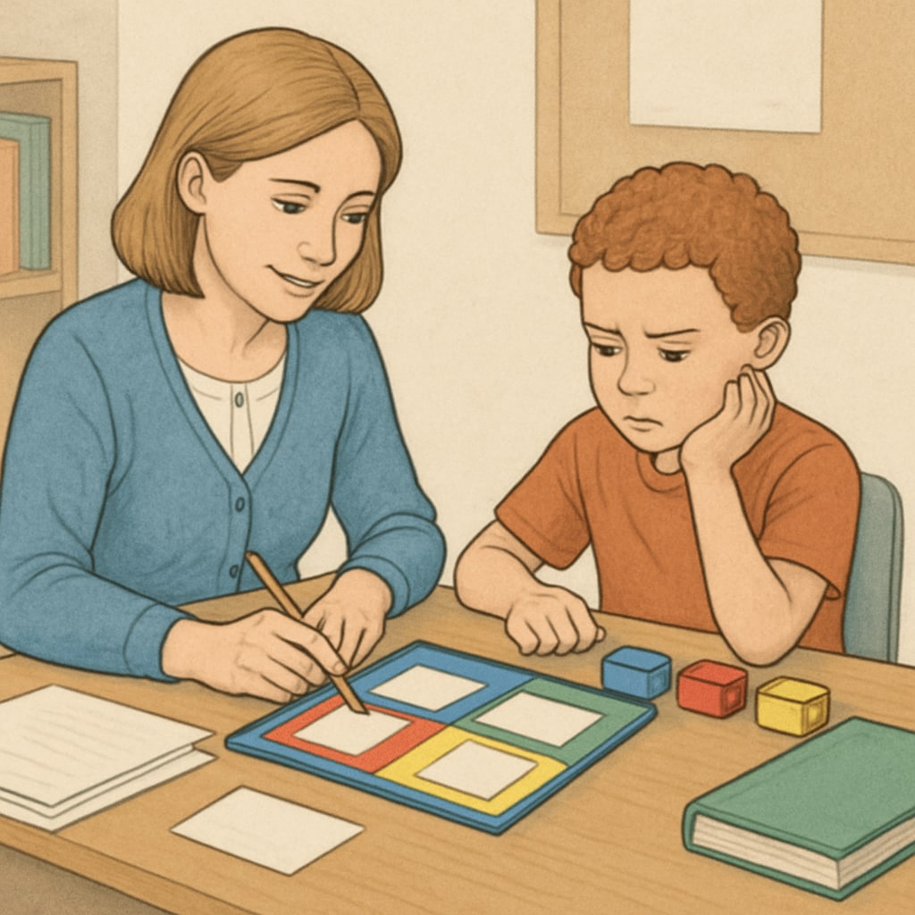 A teacher and a child with ADHD working together on a structured activity to enhance organizational skills. A teacher helping a child with ADHD develop executive function skills through structured activities.
