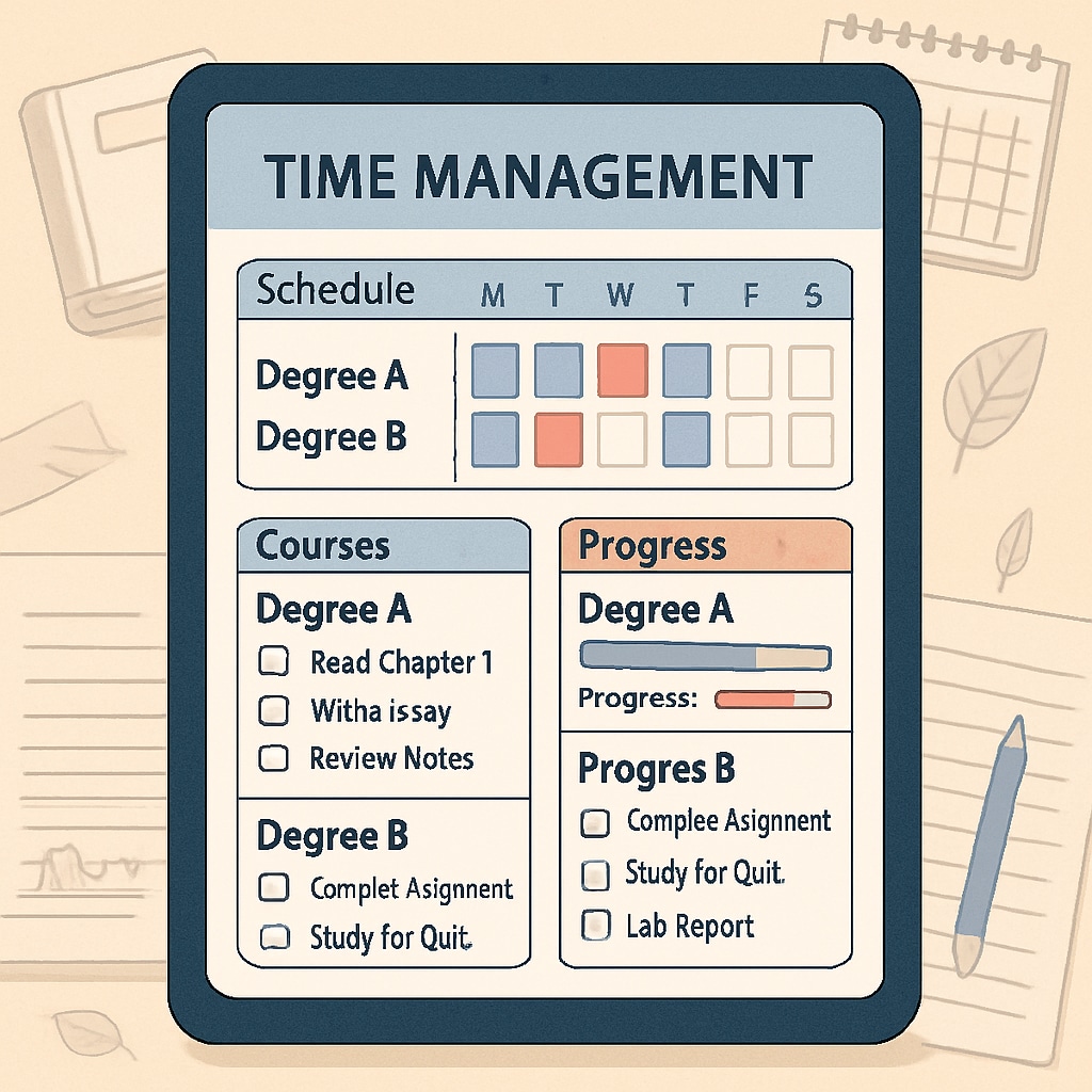 A visual representation of a time management app being used to organize coursework for two degrees. Time management tool for balancing mechanical engineering and online studies.