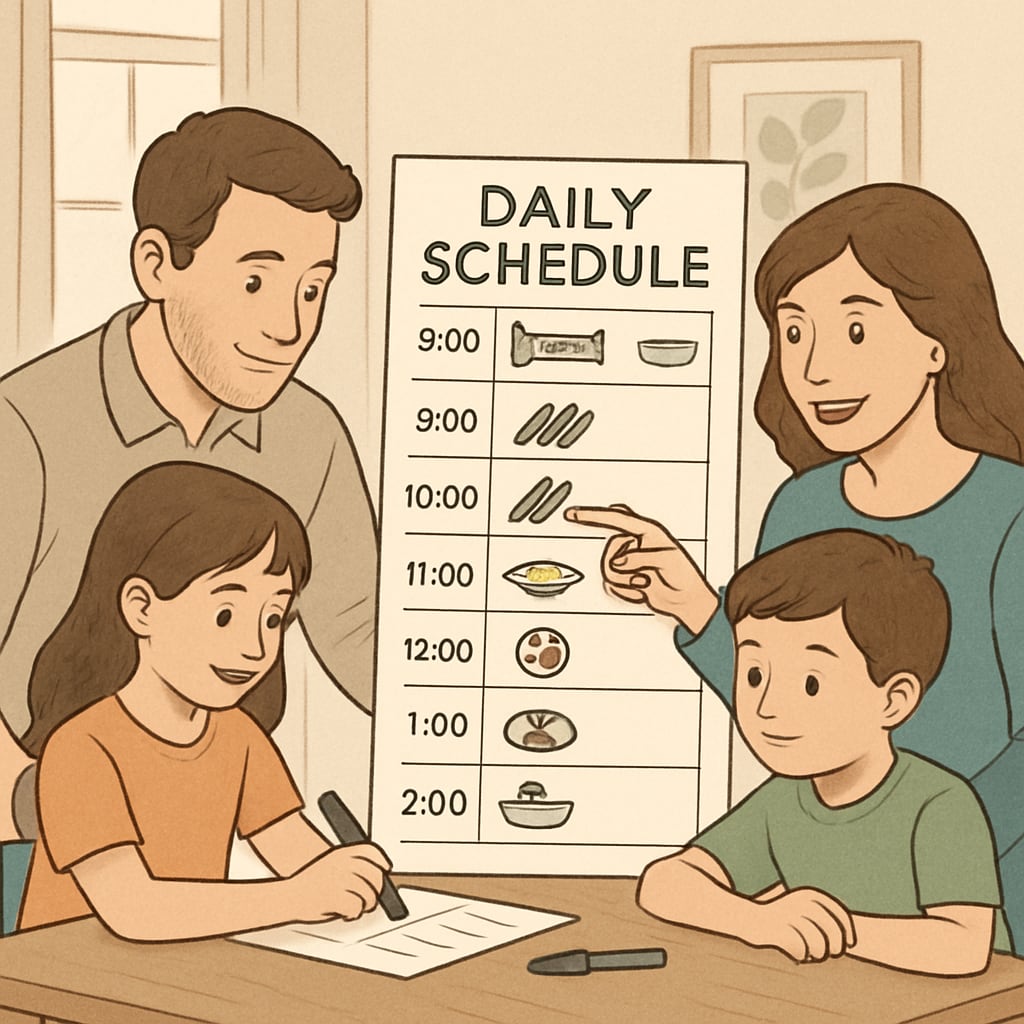 A family working together on a visual schedule at home, highlighting parental involvement in executive function development. A family creating a visual schedule to support a child with special needs in developing executive function skills.