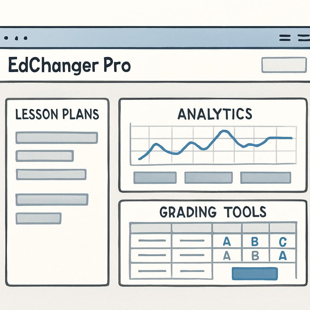 A screenshot showing EdChanger Pro's dashboard with lesson plans, analytics, and grading tools. Screenshot of EdChanger Pro's dashboard highlighting education tools for K12 teachers.