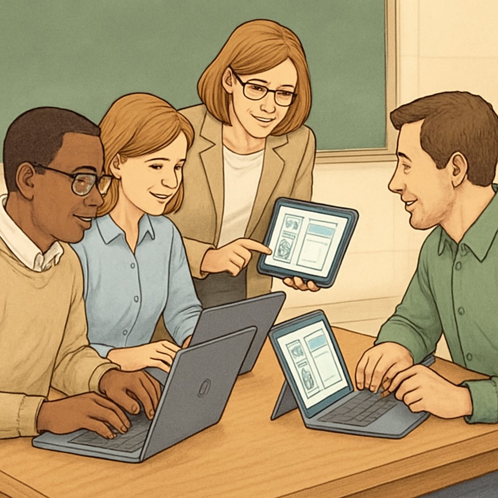 Teachers collaborating on a shared digital workspace using EdChanger Pro. Image of teachers using a collaborative tool in EdChanger Pro for lesson planning.