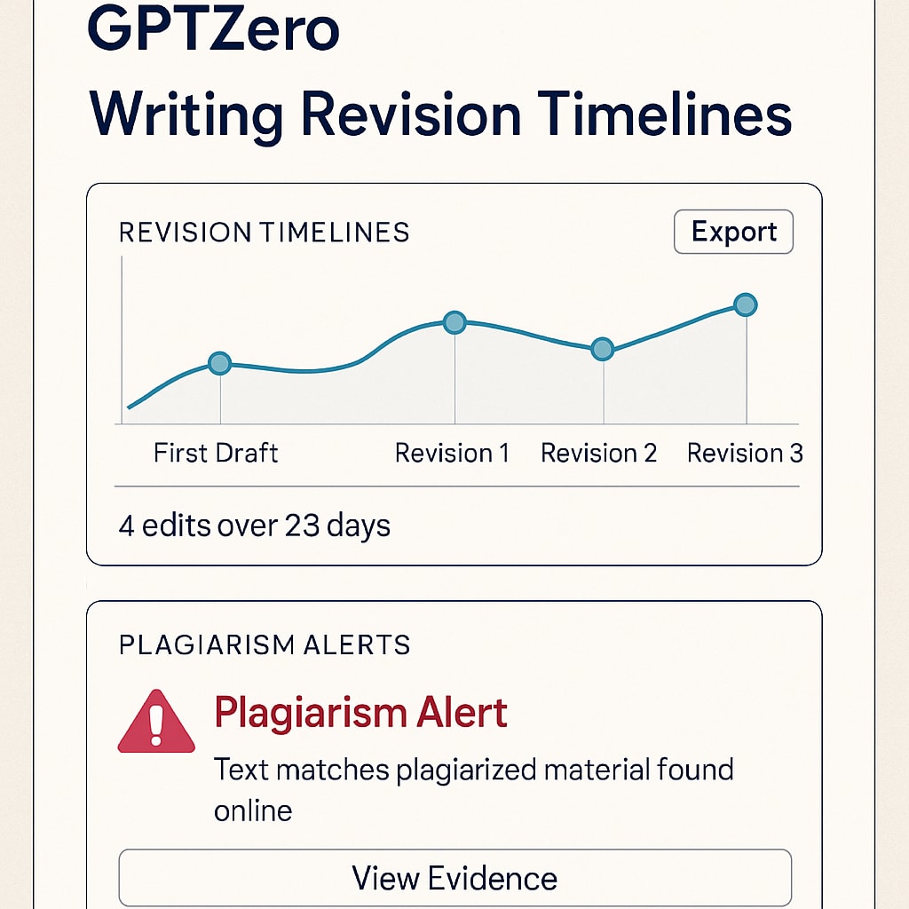 A user interface screenshot of GPTZero showing writing revision timelines and plagiarism alerts. Screenshot of GPTZero interface highlighting writing revisions and plagiarism detection.